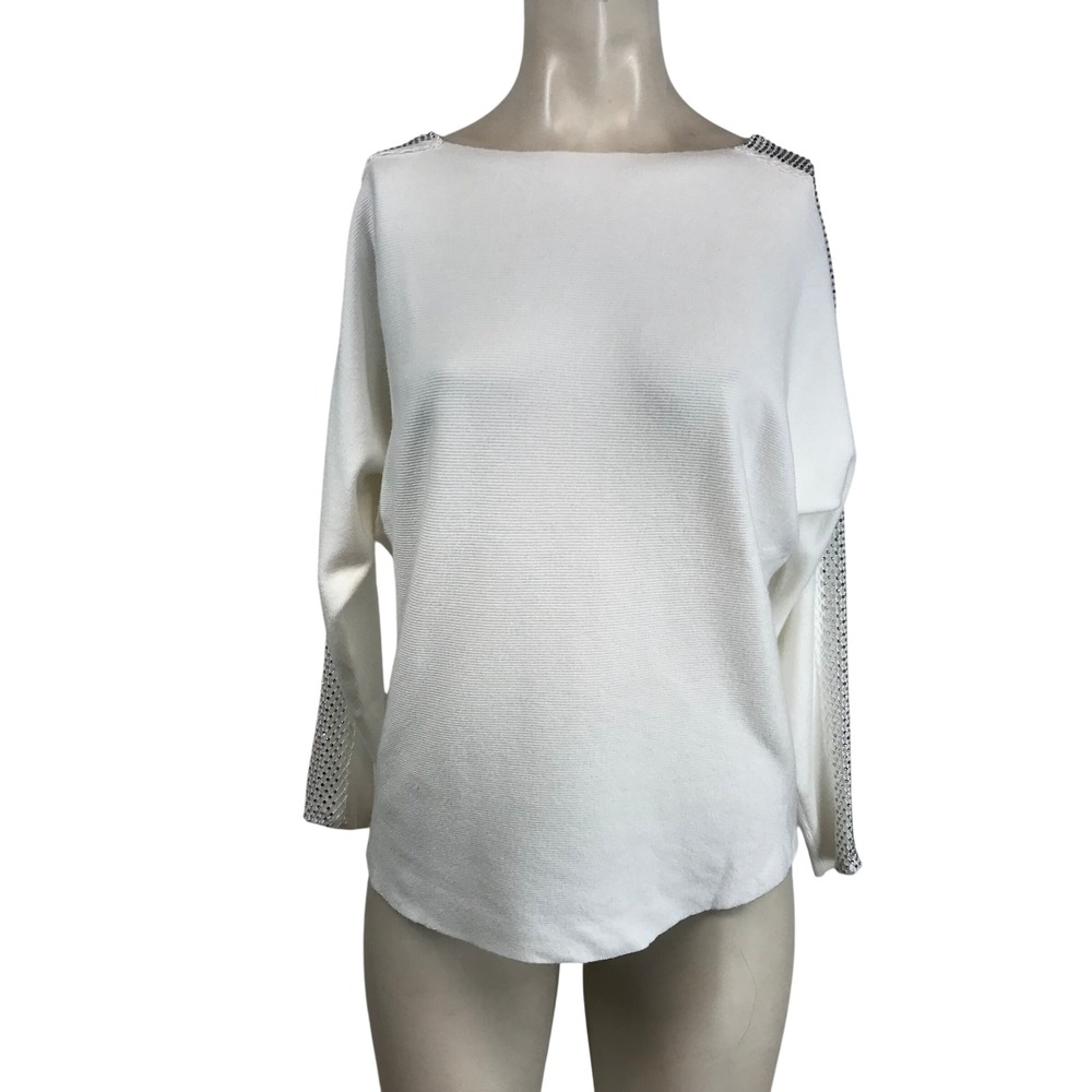 LIV Milano Womens White Ribbed Knit Rhinestone Mesh Dolman Sleeve Sweater Small
